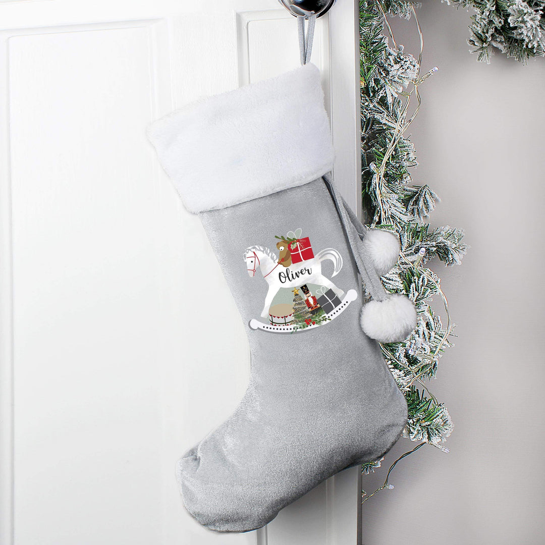 Personalised Memento Personalised Rocking Horse Luxury Silver Grey Stocking