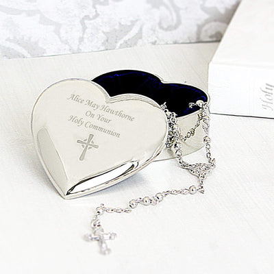 Personalised Memento Trinket, Jewellery & Keepsake Boxes Personalised Rosary Beads and Cross Heart Trinket Box
