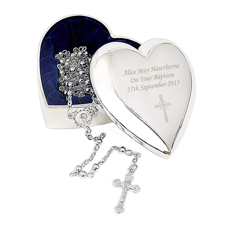 Personalised Memento Trinket, Jewellery &amp; Keepsake Boxes Personalised Rosary Beads and Cross Heart Trinket Box