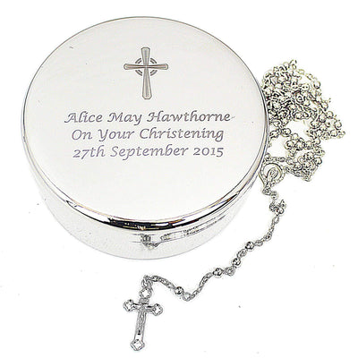 Personalised Memento Personalised Rosary Beads and Cross Round Trinket Box