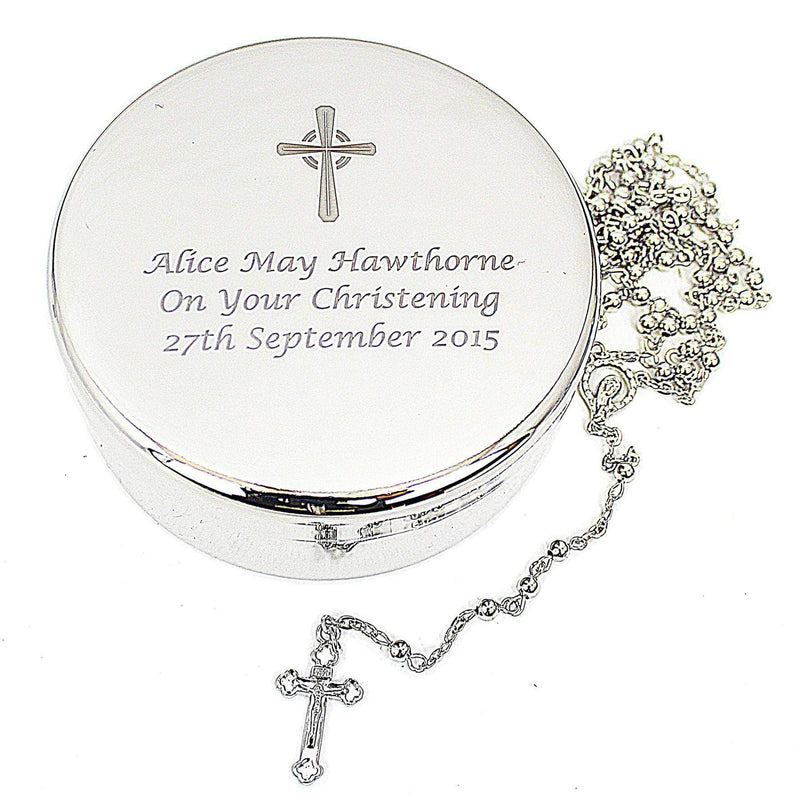 Personalised Memento Personalised Rosary Beads and Cross Round Trinket Box