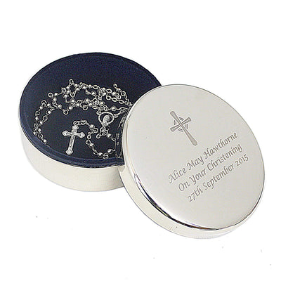Personalised Memento Personalised Rosary Beads and Cross Round Trinket Box