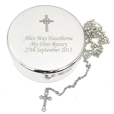 Personalised Memento Personalised Rosary Beads and Cross Round Trinket Box