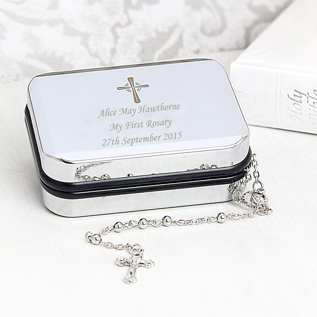 Personalised Memento Trinket, Jewellery &amp; Keepsake Boxes Personalised Rosary Beads and Cross Trinket Box