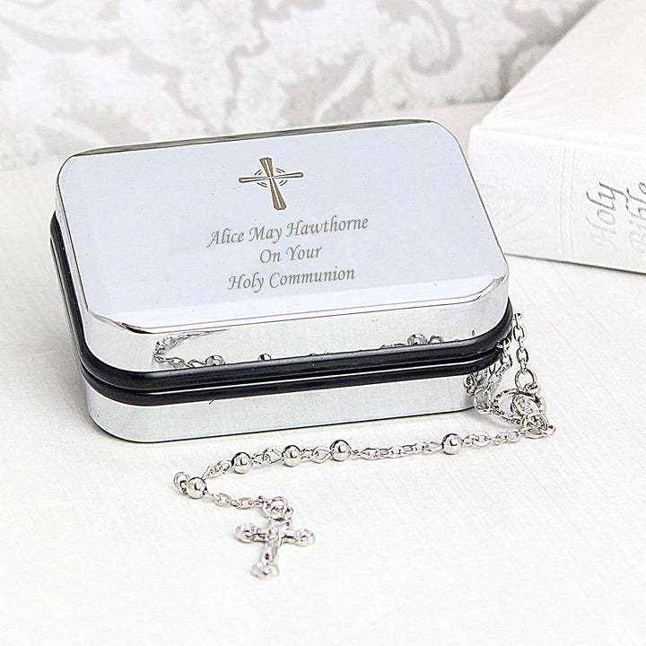 Personalised Memento Trinket, Jewellery &amp; Keepsake Boxes Personalised Rosary Beads and Cross Trinket Box