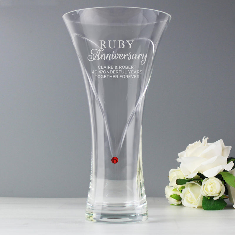 Personalised Memento Personalised Ruby Anniversary Large Hand Cut Diamante Heart Vase with Swarovski Elements