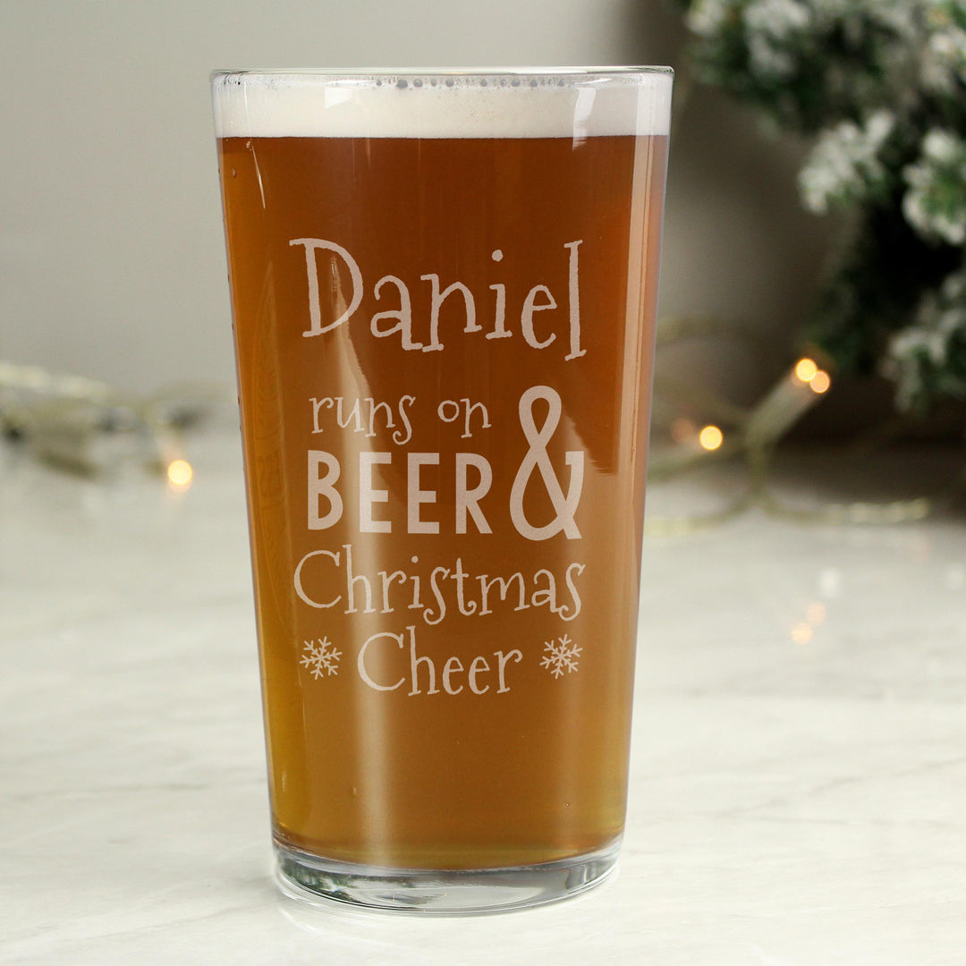 Personalised Memento Personalised Runs On Beer &amp; Christmas Cheer Pint Glass