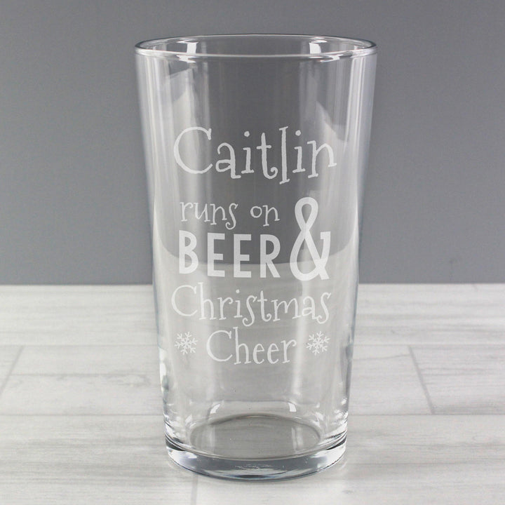 Personalised Memento Personalised Runs On Beer &amp; Christmas Cheer Pint Glass