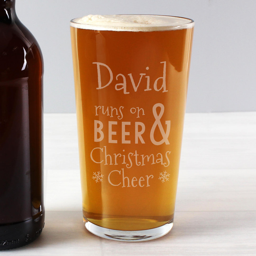 Personalised Memento Personalised Runs On Beer &amp; Christmas Cheer Pint Glass