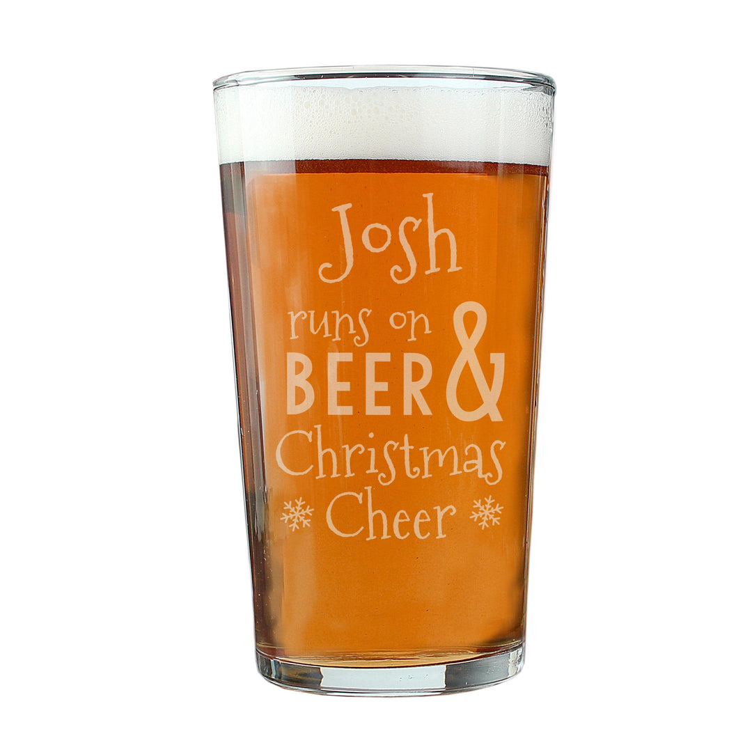 Personalised Memento Personalised Runs On Beer &amp; Christmas Cheer Pint Glass