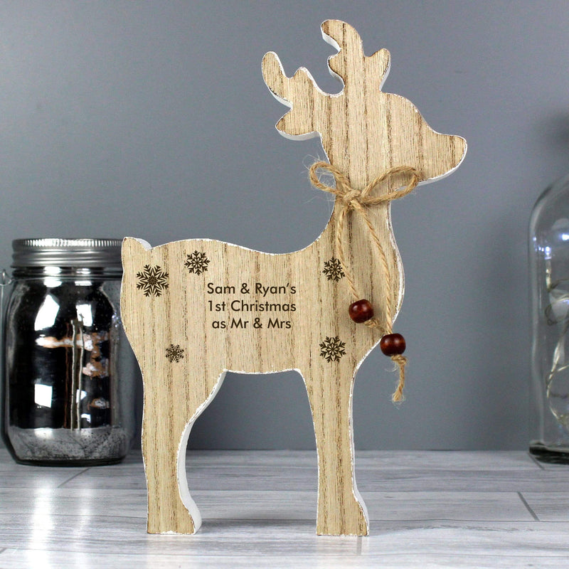 Personalised Memento Wooden Personalised Rustic Wooden Reindeer Decoration