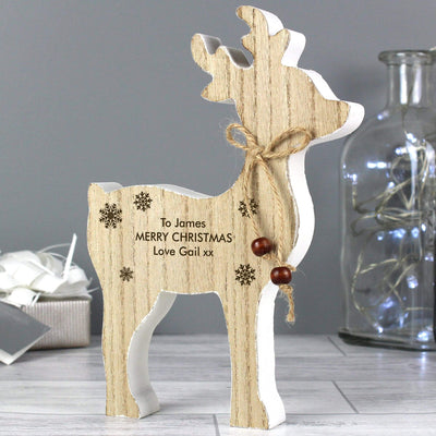 Personalised Memento Wooden Personalised Rustic Wooden Reindeer Decoration