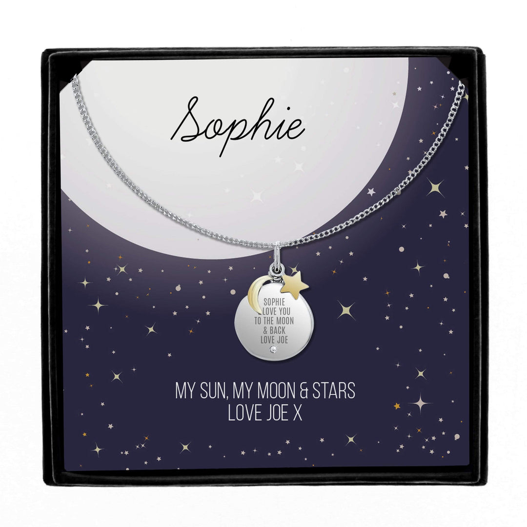 Personalised Memento Jewellery Personalised Sentiment Moon &amp; Stars Sterling Silver Necklace and Box