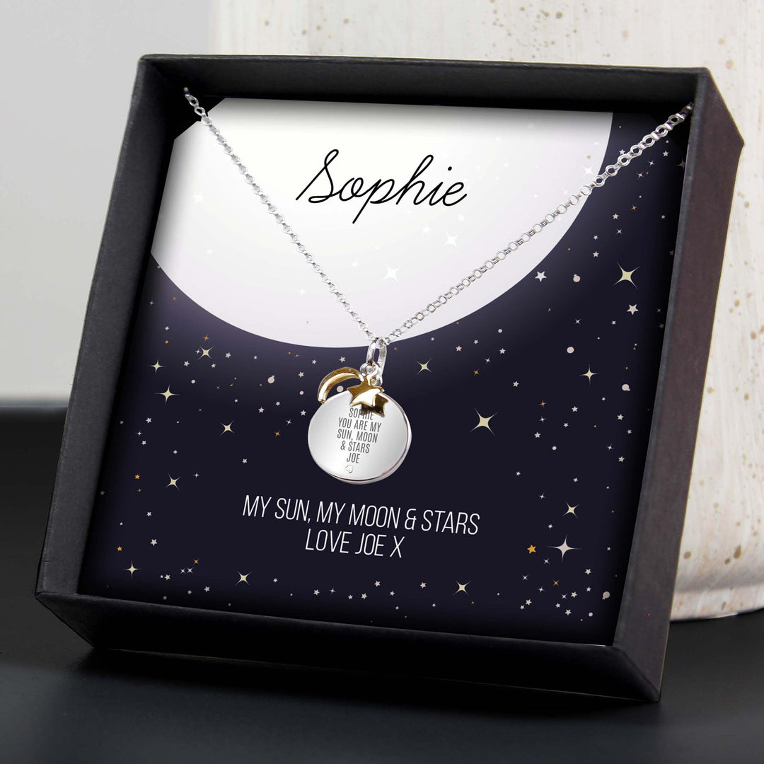 Personalised Memento Jewellery Personalised Sentiment Moon &amp; Stars Sterling Silver Necklace and Box