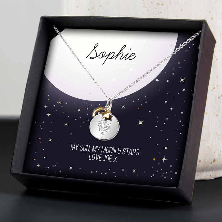Personalised Memento Jewellery Personalised Sentiment Moon &amp; Stars Sterling Silver Necklace and Box