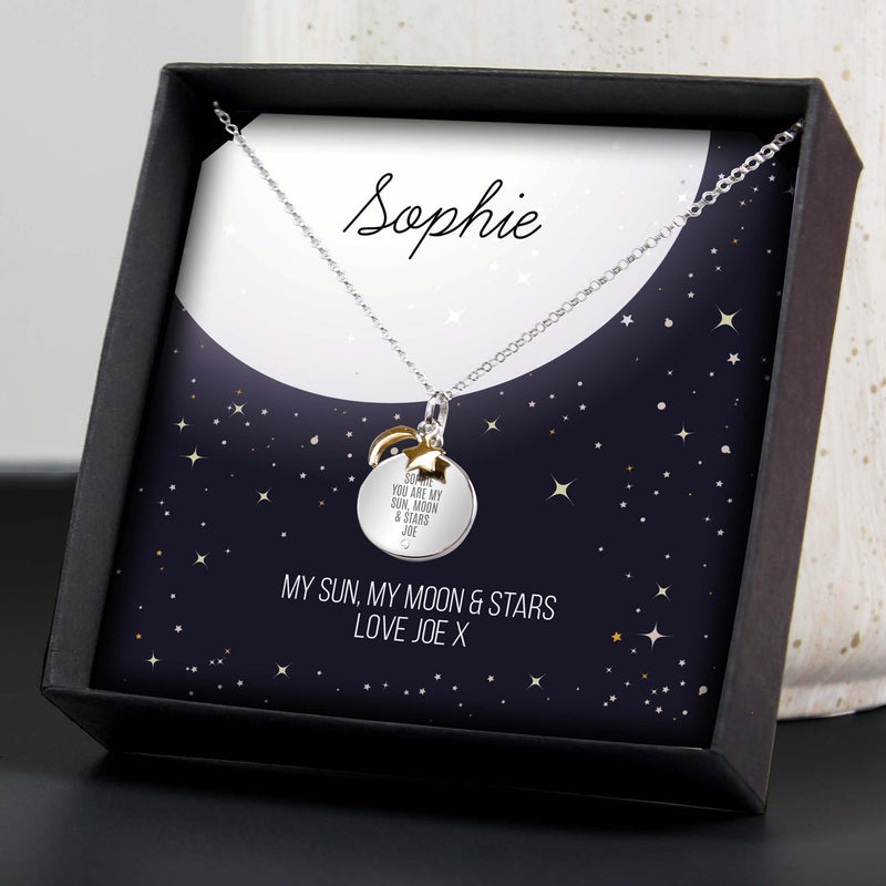 Personalised Memento Jewellery Personalised Sentiment Moon & Stars Sterling Silver Necklace and Box