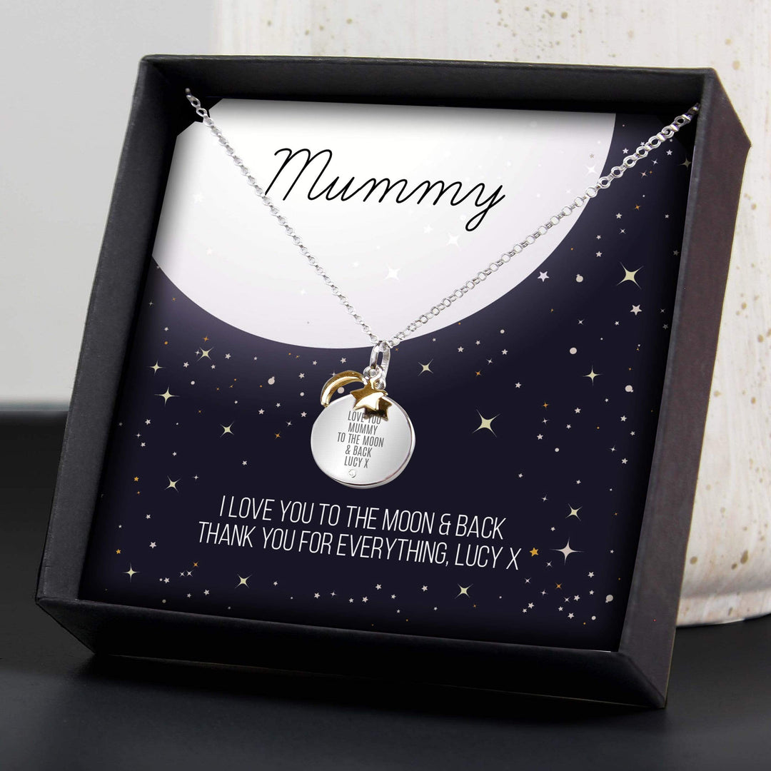 Personalised Memento Jewellery Personalised Sentiment Moon &amp; Stars Sterling Silver Necklace and Box