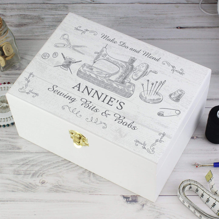 Personalised Memento Trinket, Jewellery &amp; Keepsake Boxes Personalised Sewing Kit White Wooden Keepsake Box