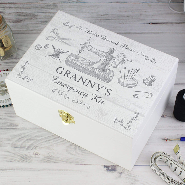 Personalised Memento Trinket, Jewellery &amp; Keepsake Boxes Personalised Sewing Kit White Wooden Keepsake Box