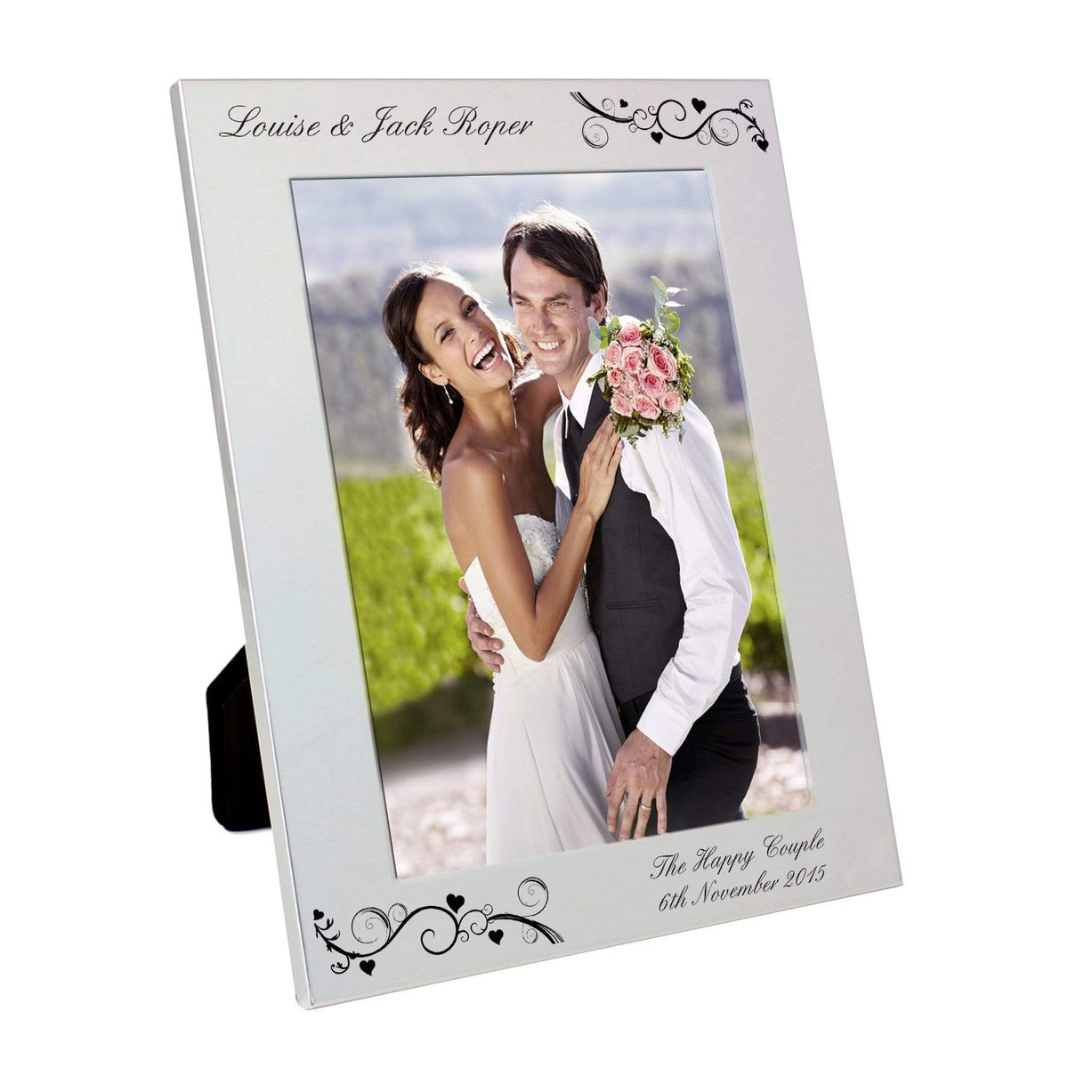 Personalised Memento Photo Frames, Albums and Guestbooks Personalised Silver 5x7 Black Swirl Photo Frame