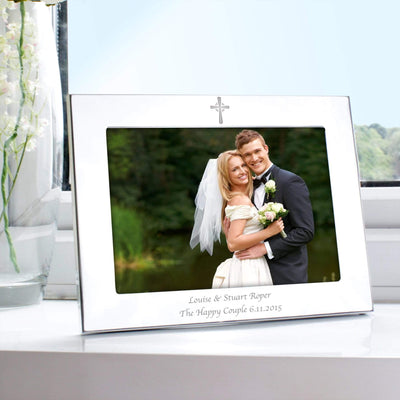 Personalised Memento Photo Frames, Albums and Guestbooks Personalised Silver 7x5 Landscape Cross Photo Frame