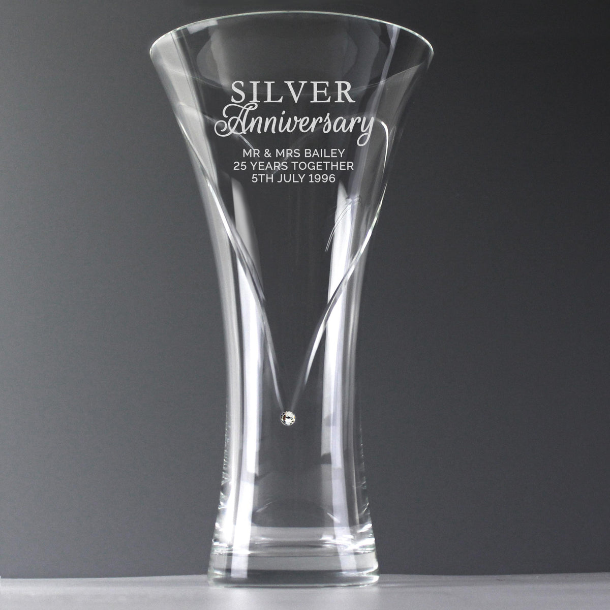 Personalised Memento Personalised Silver Anniversary Large Hand Cut Diamante Heart Vase with Swarovski Elements