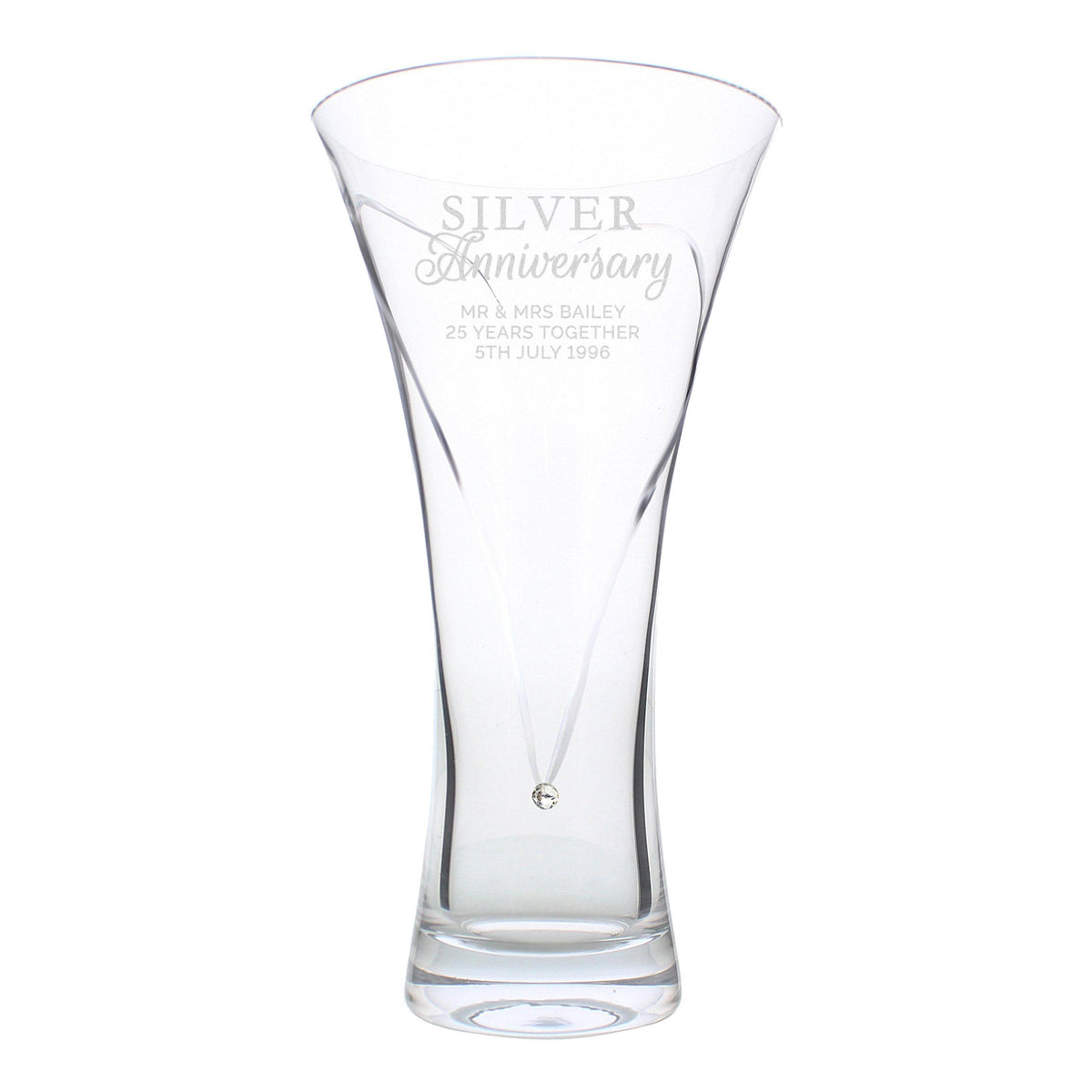 Personalised Memento Personalised Silver Anniversary Large Hand Cut Diamante Heart Vase with Swarovski Elements