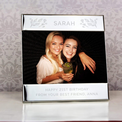 Personalised Memento Photo Frames, Albums and Guestbooks Personalised Silver Floral Square 6x4 Landscape Photo Frame
