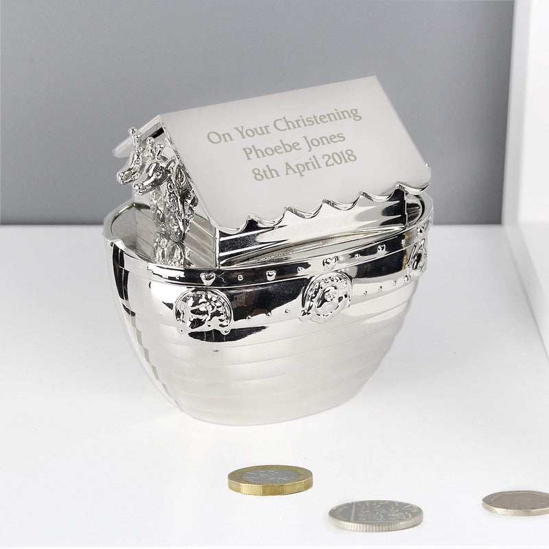 Personalised Memento Money Boxes Personalised Silver Noahs Ark Money Box