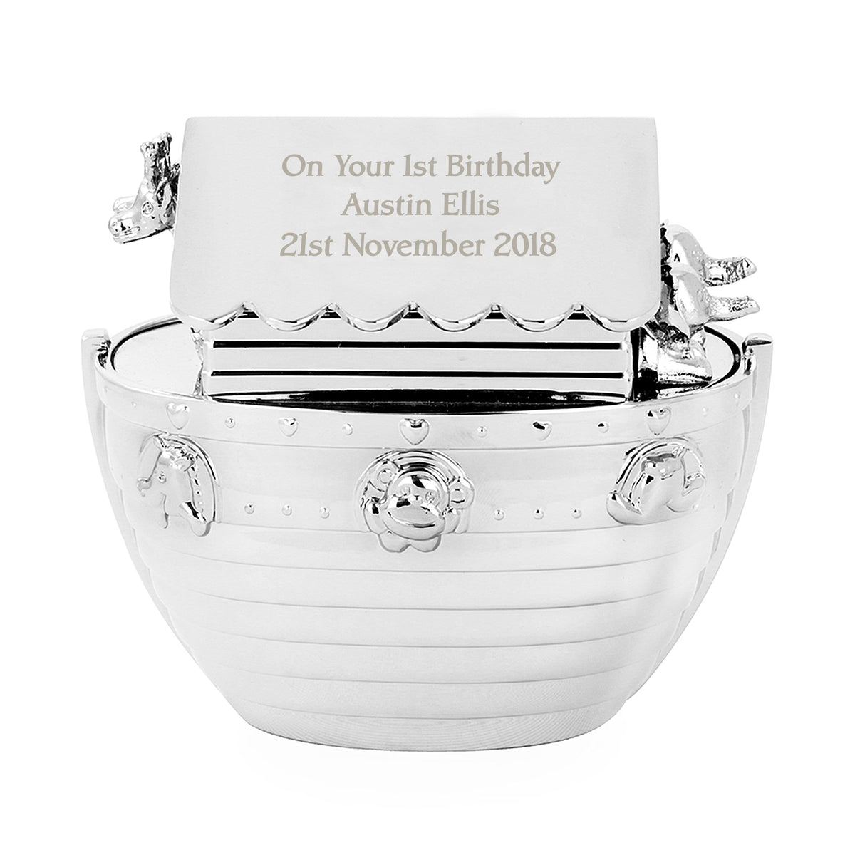 Personalised Memento Money Boxes Personalised Silver Noahs Ark Money Box