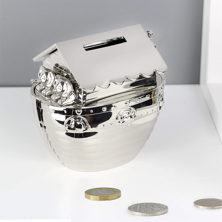 Personalised Memento Money Boxes Personalised Silver Noahs Ark Money Box
