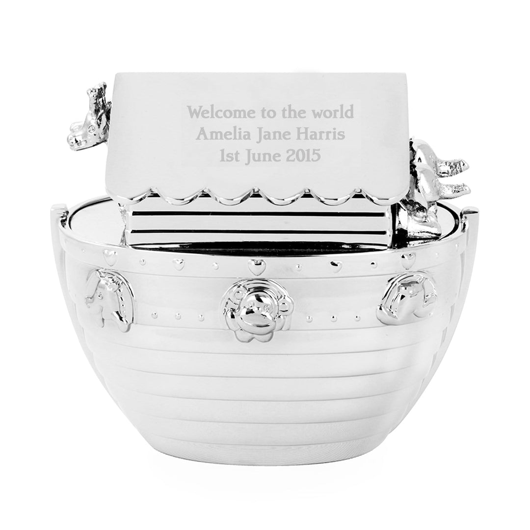 Personalised Memento Money Boxes Personalised Silver Noahs Ark Money Box