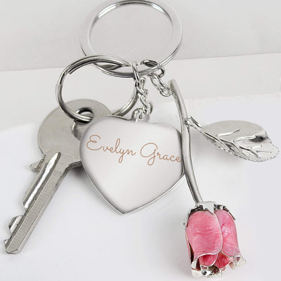 Personalised Memento Keepsakes Personalised Silver Plated Name Pink Rose Keyring
