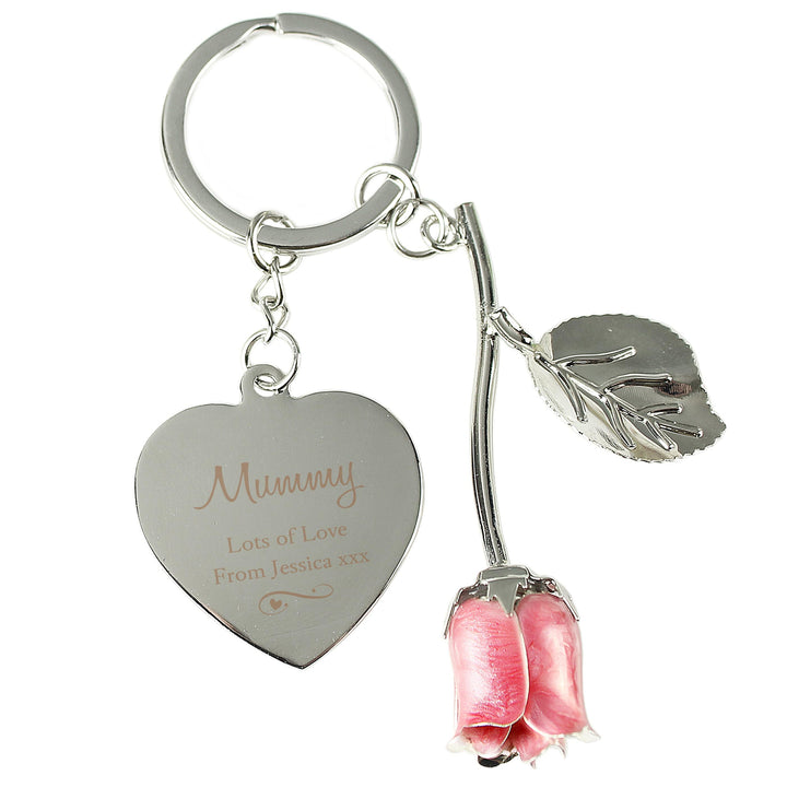 Personalised Memento Keepsakes Personalised Silver Plated Swirls &amp; Hearts Pink Rose Keyring
