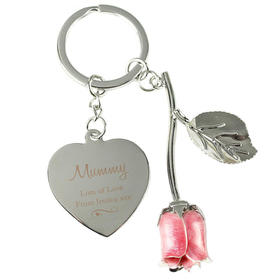 Personalised Memento Keepsakes Personalised Silver Plated Swirls & Hearts Pink Rose Keyring