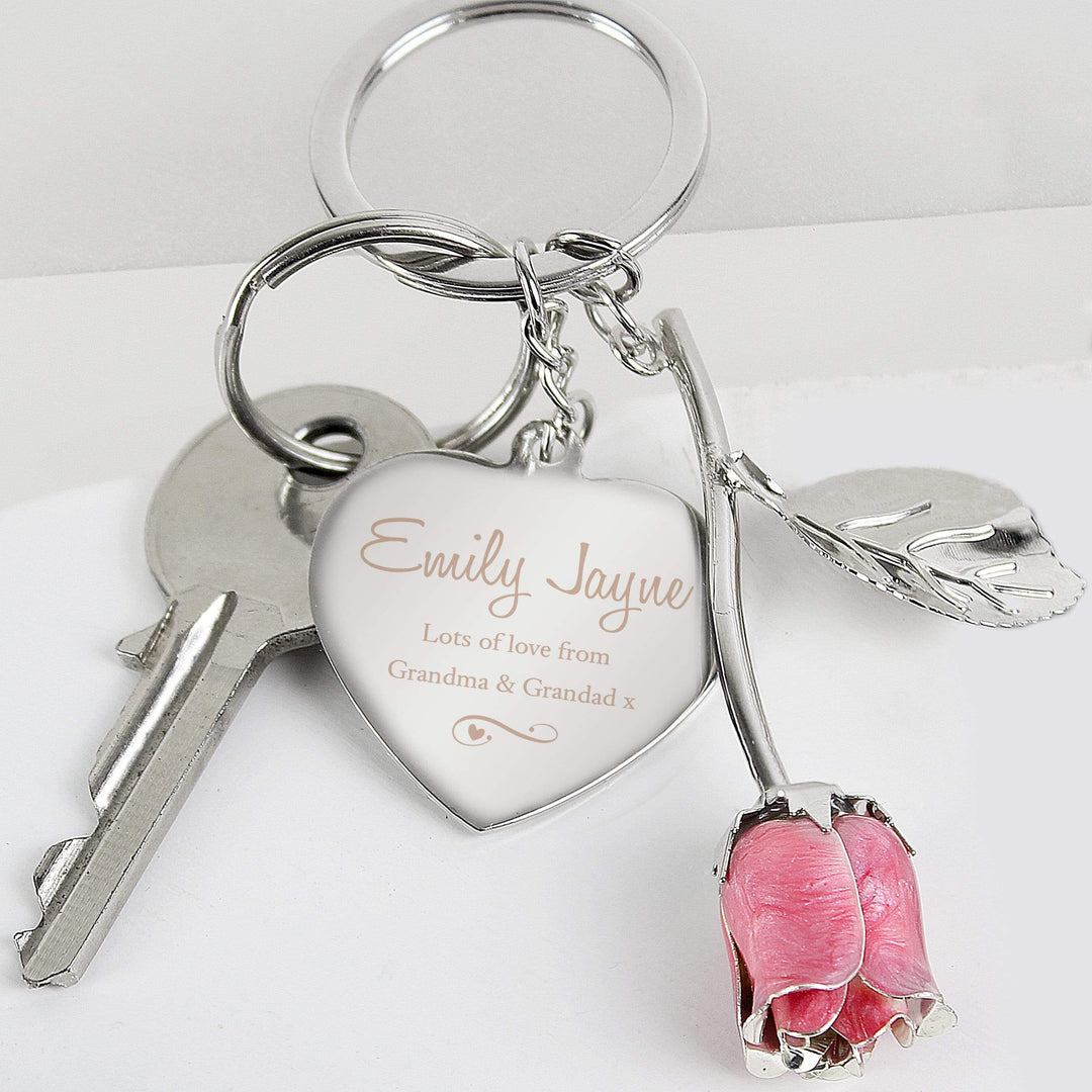 Personalised Memento Keepsakes Personalised Silver Plated Swirls &amp; Hearts Pink Rose Keyring
