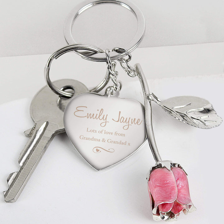 Personalised Memento Keepsakes Personalised Silver Plated Swirls &amp; Hearts Pink Rose Keyring
