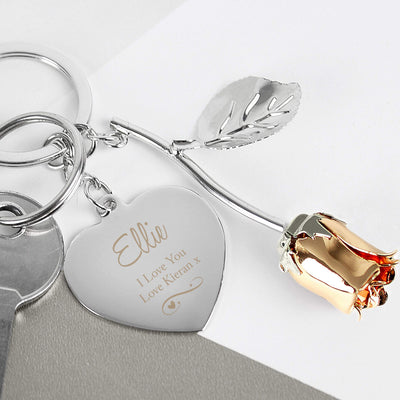 Personalised Memento Keepsakes Personalised Silver Plated Swirls & Hearts Rose Gold Rose Keyring