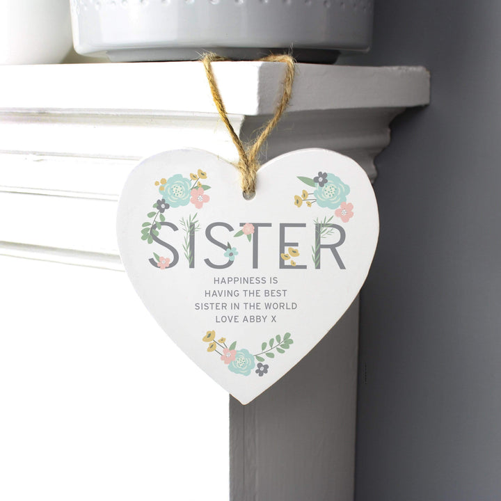 Personalised Memento Wooden Personalised Sister Floral Wooden Heart Decoration