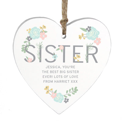 Personalised Memento Wooden Personalised Sister Floral Wooden Heart Decoration