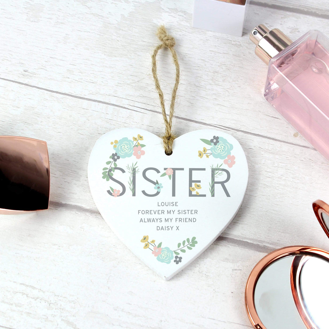 Personalised Memento Wooden Personalised Sister Floral Wooden Heart Decoration