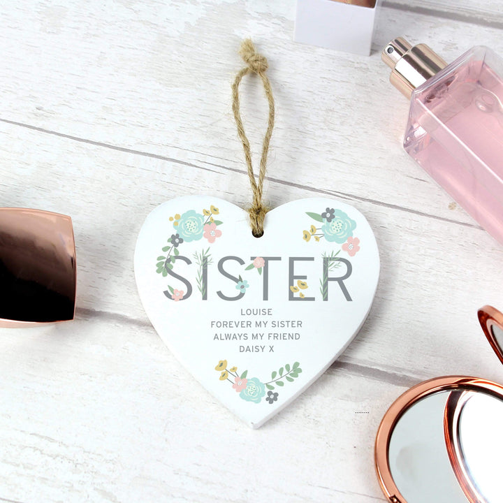 Personalised Memento Wooden Personalised Sister Floral Wooden Heart Decoration