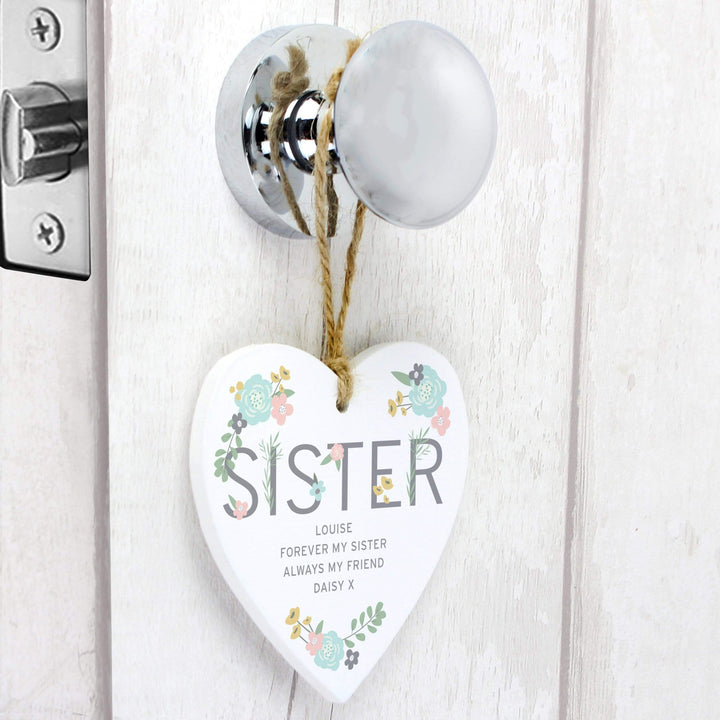 Personalised Memento Wooden Personalised Sister Floral Wooden Heart Decoration