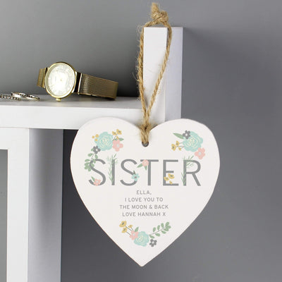 Personalised Memento Wooden Personalised Sister Floral Wooden Heart Decoration