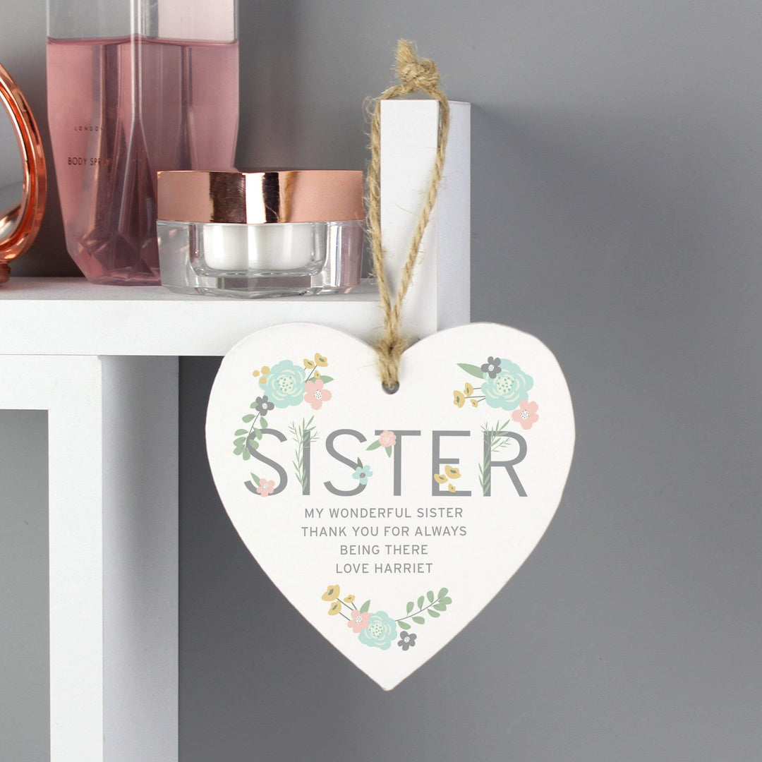 Personalised Memento Wooden Personalised Sister Floral Wooden Heart Decoration