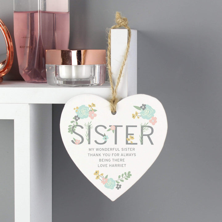 Personalised Memento Wooden Personalised Sister Floral Wooden Heart Decoration