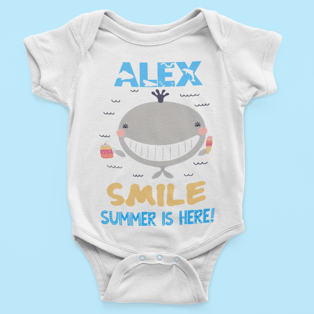 The Little Personal Shop Babygrows Personalised Smile Summer Is Here Boy Design
