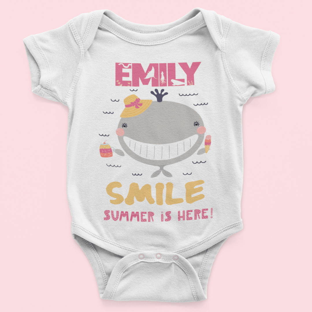 The Little Personal Shop Babygrows Personalised Smile Summer Is Here Girl Design