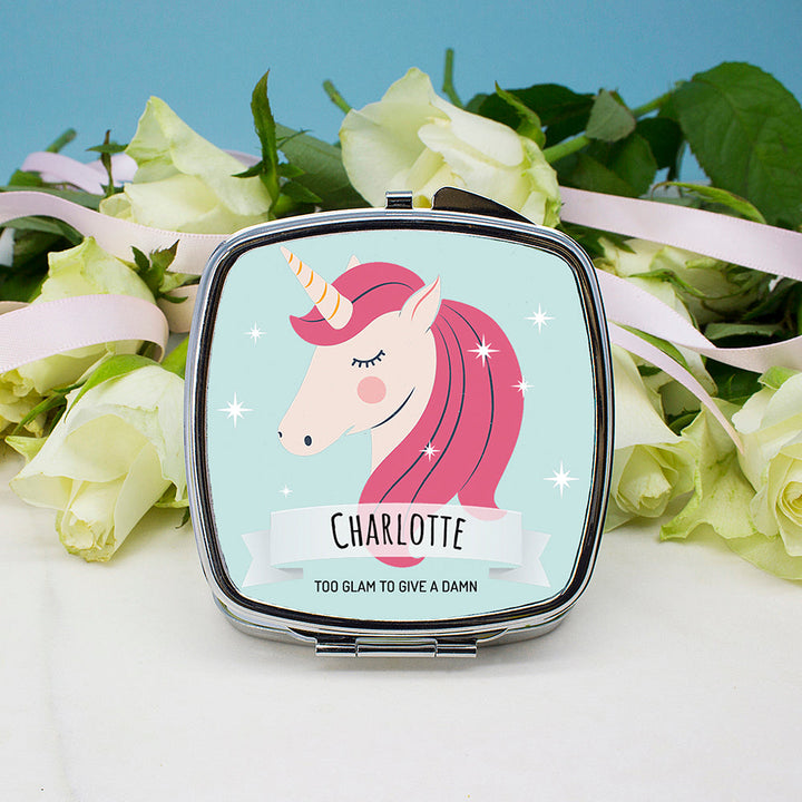 Personalised Sparkle Squad Square Blue Compact Mirror