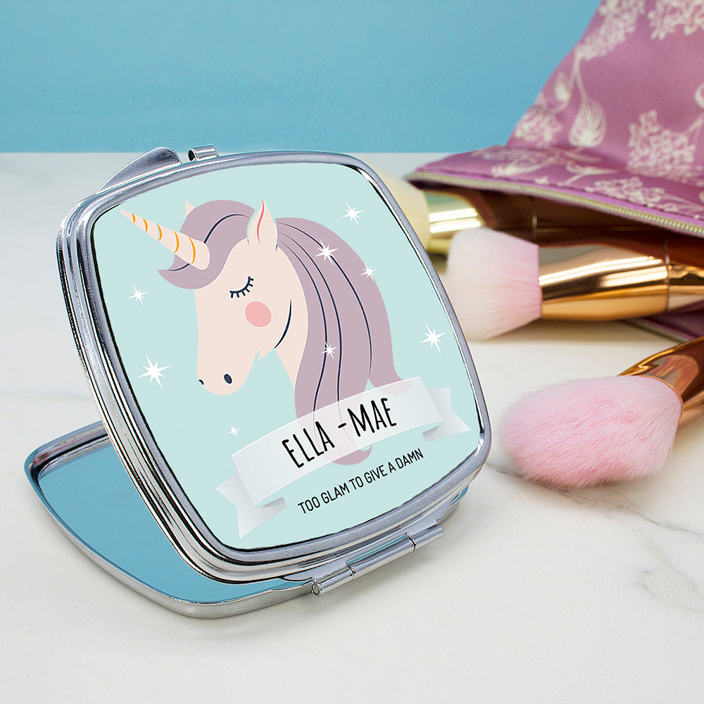 Personalised Sparkle Squad Square Blue Compact Mirror